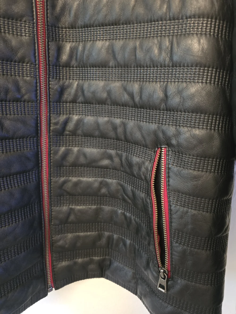 Black Quilted Puffer LEATHER Jacket with Red Trim